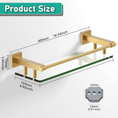 Glass Shelf for Bathroom Rectangular Stainless Steel Tempered Glass Modern Stainless Steel Wall Mount Shelf (Brushed Gold, 16‘’ with Railing) - color: Brushed Gold, size: 16'' with Railing