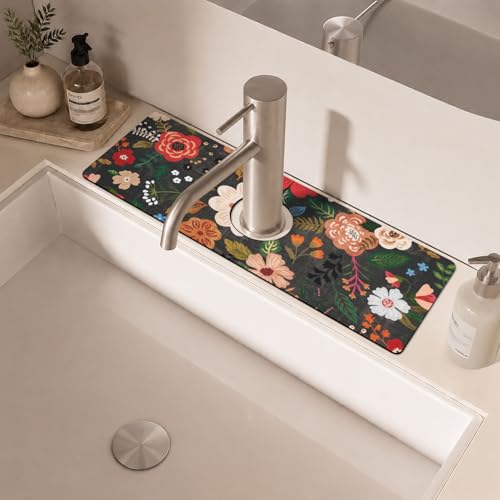 Boho Black Flowers Kitchen Sink Splash Guard Faucet Mat,Faucet Non-Slip Absorbent Mat,Farmhouse Sink Splash Guard Behind Faucet for Kitchen Bathroom, 15"x5.5" - color: Drying Faucet Mat 4