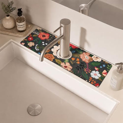 Boho Black Flowers Kitchen Sink Splash Guard Faucet Mat,Faucet Non-Slip Absorbent Mat,Farmhouse Sink Splash Guard Behind Faucet for Kitchen Bathroom, 15"x5.5" - color: Drying Faucet Mat 4
