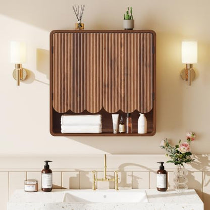 Fluted Bathroom Wall Cabinet, Wooden Bathroom Organizers, Scalloped Over The Toilet Storage Cabinet with Adjustable Shelf, Medicine Cabinets Wall Mounted for Bathroom, Laundry Room(Walnut) - color: Walnut