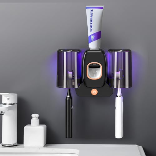 LXIANGN 3 in 1 Toothbrush Cleaner Holders,Rechargeable Wall Mounted Toothbrush Holder Toothpaste Dispenser Automatic 2 Cups Tooth Brush Holder for Bathroom, No Drilling, 4 Slots, Black - color: Black