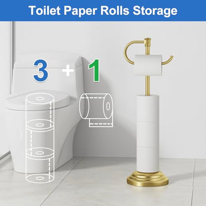 RUMOSE Toilet Paper Holder Stand for Floor, Brushed Gold | Bathroom Free Standing Toilet Tissue Roll Holder with Storage, Adjustable 17-25 Inch, Rustproof, SUS304 Stainless Steel - color: Brushed Gold