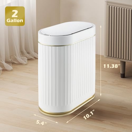 SYNCVIBE Bathroom Trash Can with Lid, 2 Gallon, Motion Sensor | Automatic Garbage Can, 7.5 Liter Smart Trash Bin, Narrow Plastic Wastebasket for Bedroom, Office and Living Room - color: Golden