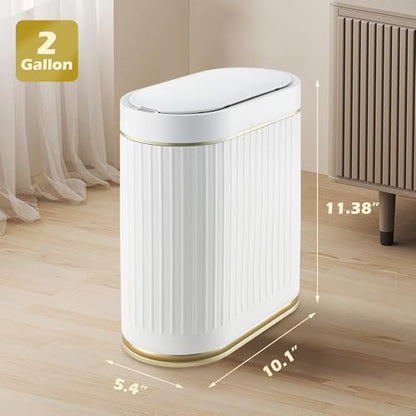 SYNCVIBE Bathroom Trash Can with Lid, 2 Gallon, Motion Sensor | Automatic Garbage Can, 7.5 Liter Smart Trash Bin, Narrow Plastic Wastebasket for Bedroom, Office and Living Room - color: Golden