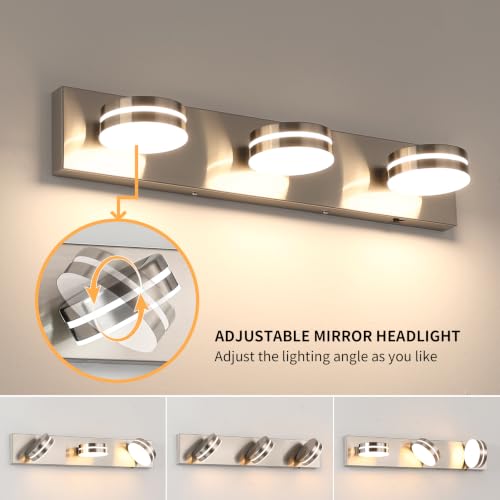3-Light Bathroom Vanity Light 23.62in Brushed Nickel Vanity Light | 5CCT 18W LED Bathroom Light Fixtures Over Mirror,Dimmable 360°Rotate for Makeup Vanity Table Bathroom Mirror Bedroom - color: Nickel-5CCT-Dimmable