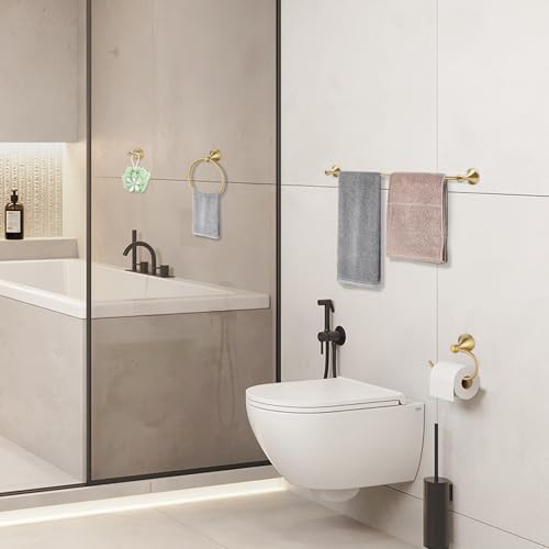 Brushed Gold Bathroom Hardware Set Wall Mounted Gold Accessories Set 4 Pieces Bathroom Hardware Set, 23.6 inch Towel Bar | Towel Hook | Toilet Paper Holder | Hand Towel Holder - color: Brushed Gold