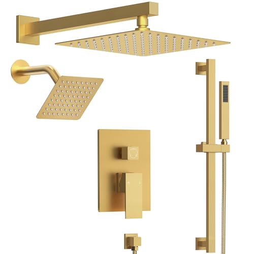 10" High-Pressure Rainfall Shower Faucet with Handheld Spray, Wall Mount Dual Shower Head System with Slide Bar (Brushed Gold) - color: Gold, style: Wall Mount-with Slide Bar