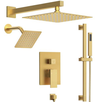 10" High-Pressure Rainfall Shower Faucet with Handheld Spray, Wall Mount Dual Shower Head System with Slide Bar (Brushed Gold) - color: Gold, style: Wall Mount-with Slide Bar