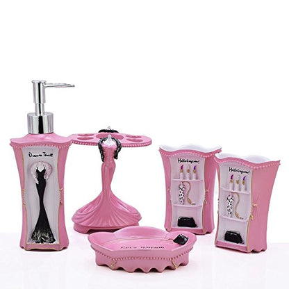 5 Piece Bathroom Accessories Set, Collection Bath Set Features Soap Dispenser, Toothbrush Holder, Tumbler, & Soap Dish (Pink) - size: 5PCS-PINK