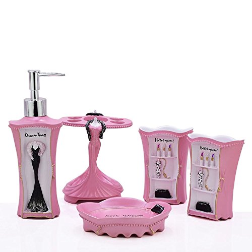 5 Piece Bathroom Accessories Set, Collection Bath Set Features Soap Dispenser, Toothbrush Holder, Tumbler, & Soap Dish (Pink) - size: 5PCS-PINK