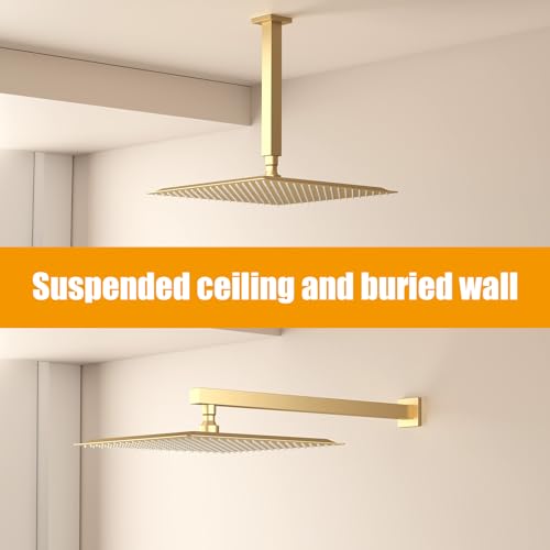 16 In Rain Shower Head High Pressure Rainfall Shower Head Brushed Gold | Square Rain Bathroom Showerhead, High Flow, Large Stainless Steel, Ceiling Mounted, Wall Mounted, Waterfall Full Body - color: Brushed Gold, size: 16 Inch