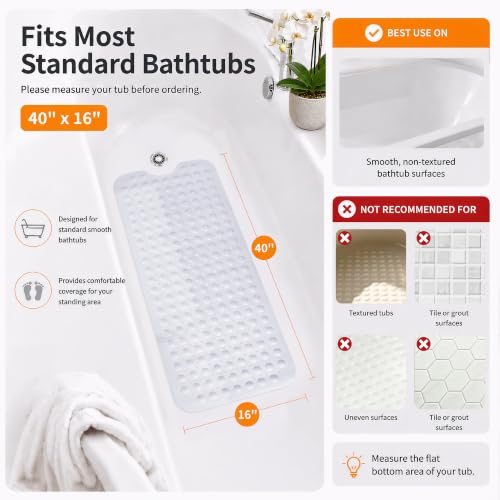 Yimobra White Non Slip Bath Mat for Tub 40" x 16", Extra Long Bath Tub Mat | Soft Underfoot Comfort, Strong Suction Cups, Machine Washable Bathtub Mat, Drain Holes, Large Shower Mats for Inside Shower - color: White