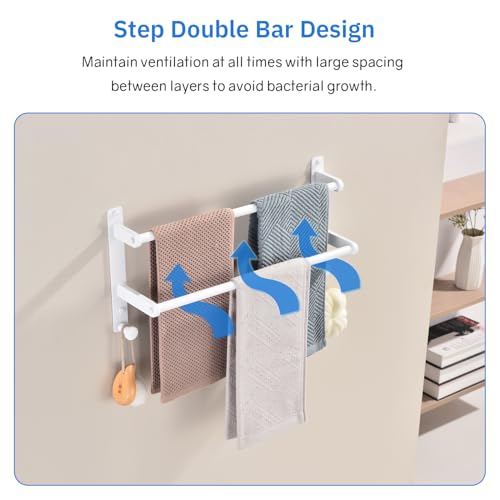 18-Inch Double Towel Rack with Hooks - Space Saving Towel Bar for Bathroom, Stainless Steel Towel Holder, White Finished - color: White, size: 18-Inch