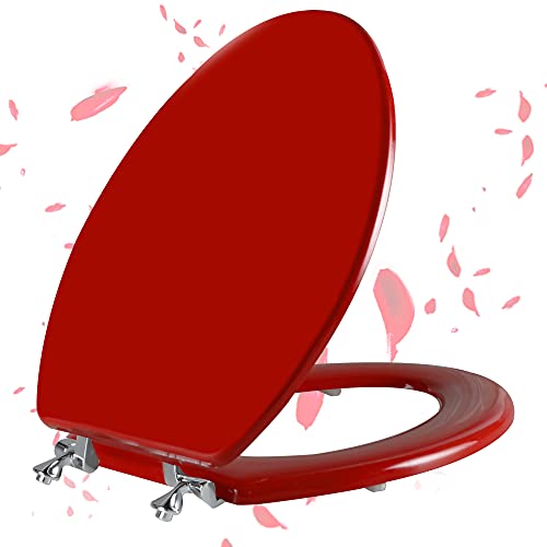 Angol Shiold Wood Toilet Seat, Zinc Alloy Hinges (Elongated, Red) | Elongated Toilet Seat, Scratch Resistant Wood Surface, Easy to Install and Clean - color: Red, size: Elongated
