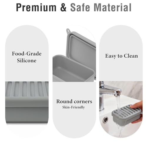 Silicone Travel Soap Case with Lid & Drain Tray, Leakproof, for Travel | Food-grade silicone, Leakproof seal, Built-in hook, Removable drain pad doubles as soap holder, For gym, travel, camping - color: Grey