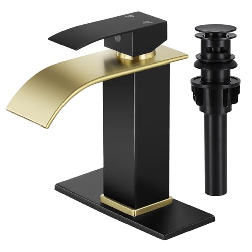 Bathroom Faucets Black and Gold Waterfall Bathroom Sink Faucet | with Pop-up Drain Supply Hoses and Deck,Single Handle Vanity Faucet,Stainless Steel,1 or 3 Hole,RV,Farmhouse Bathrooms - color: B-Black and Gold, style: Short