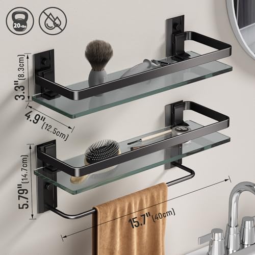 Bathroom Shelves Wall Mounted, Clear Tempered Glass Shelf with Towel Bar, Hand Towel Holder(Matte Black) - color: Black, size: Combo Set