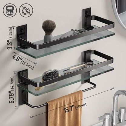Bathroom Shelves Wall Mounted, Clear Tempered Glass Shelf with Towel Bar, Hand Towel Holder(Matte Black) - color: Black, size: Combo Set