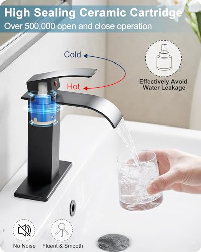 Matte Black Bathroom Faucet 1 Hole or 3 Hole (4 Inch), Brass Waterfall Faucet for Bathroom Sink, Modern Bathroom Faucets Single Handle with Deck Plate & Pop-up Drain Supply Hoses No Noise - color: Matte Black - Modern