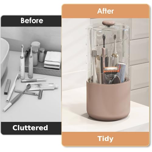YOOLENS Toothbrush Holder with Cover 360 Rotating 4 Compartments Bathroom Toothpaste Electric Toothbrush Organizer, Pink - color: Pink