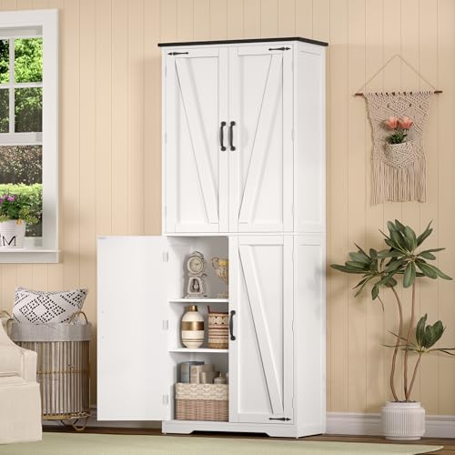 Tall Pantry Cabinet, Kitchen Cabinet with 4 Shelves, Adjustable Shelves, Pantry Cabinets with 4 Barn Doors, Tall Kitchen Cabinets for Dining Room, Living Room, White - color: White 4 Doors