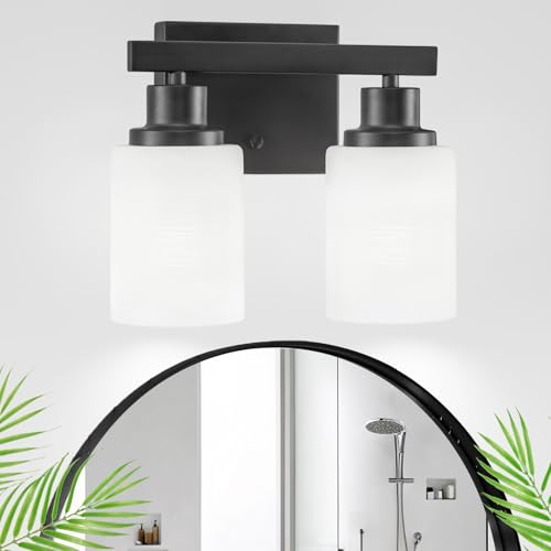 Bathroom Light Fixtures Over Mirror, 2-Light Modern Matte Black Vanity Lights with White Frosted Glass Shade, Bathroom Wall Lamp Sconces for Mirror Bedroom, Living Room Hallway Small Space - color: Black, size: 2-Light