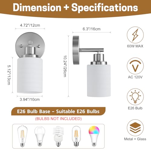 2-Pack 1-Light Vanity Lights, Brushed Nickel Bathroom Light Fixture with Textured Milky White Glass Shade, E26 Modern Vanity Lighting Fixture for Bathroom Wall Sconce - color: Nickel, size: 4.7 Inch : 1-Light
