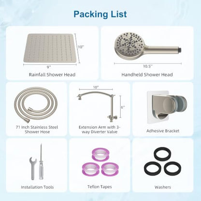 Hibbent Metal 10" High Pressure Rain Shower Head Combo, Brushed Nickel | cUPC Certified Rainfall Shower Head with handheld 10 Sprays, 16'' Adjustable Extension Arm, 71'' Hose, Showerhead Holder - color: Brushed Nickel, style: Square 10''