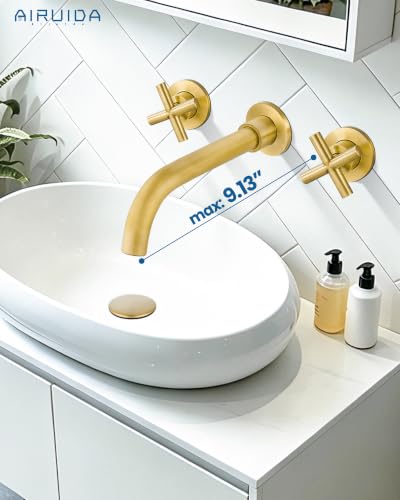 Airuida Solid Brass Antique Brass Wall Mount Bathroom Faucet | 360° Swivel Spout,Rough in Valve,2 Cross Handle,3 Hole,Widespread - color: Antique Brass