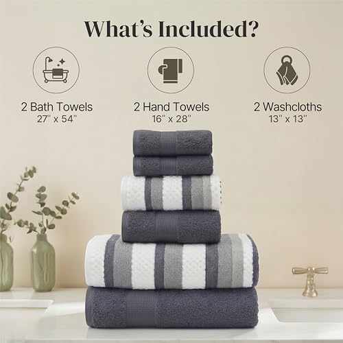 Modern Threads Pax 6-Piece Reversible Yarn Dyed Jacquard Towel Set - Bath Towels, Hand Towels, & Washcloths - Super Absorbent & Quick Dry - 100% Combed Cotton, Denim - color: Blue, style: Wide Stripe