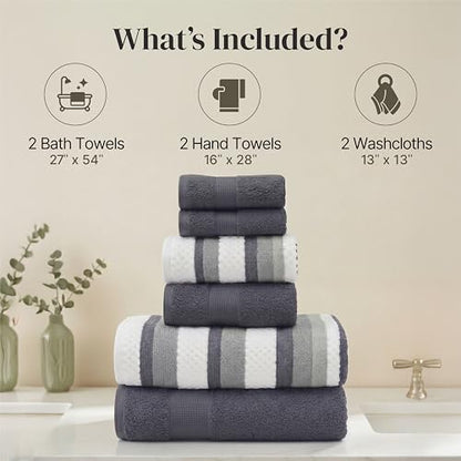 Modern Threads Pax 6-Piece Reversible Yarn Dyed Jacquard Towel Set - Bath Towels, Hand Towels, & Washcloths - Super Absorbent & Quick Dry - 100% Combed Cotton, Denim - color: Blue, style: Wide Stripe