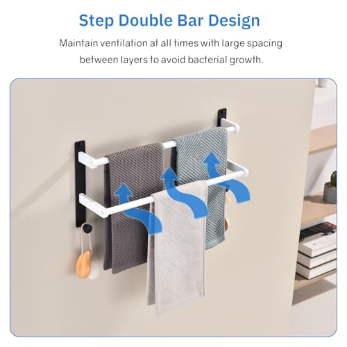 Bathroom Double Towel Rack with Hooks, 18-Inch Towel Bar - Stainless Steel Wall Mounted Towel Holder, White & Black - color: Black & White, size: 18-Inch