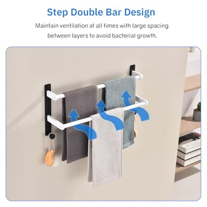 Bathroom Double Towel Rack with Hooks, 18-Inch Towel Bar - Stainless Steel Wall Mounted Towel Holder, White & Black - color: Black & White, size: 18-Inch