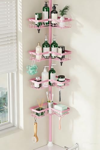 DAOYA Corner Shower Caddy Tension Pole - Corner Shower Organizer Pink Cute | Bathroom Shower Shelf for Shampoo, 25–114 Inch Shower Rack for Renter/Apartment, 4 Tier, Sturdy, Large Capacity, Save Space - color: Pink