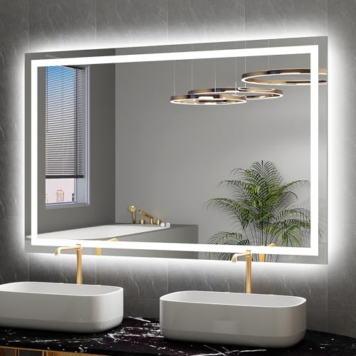 LED Mirror for Bathroom 55x36 Lighted Bathroom Vanity Mirrors with Lights, Brighter Frontlit and Backlit Anti-Fog Mirror, Tempered Glass, Dimmable 3 Colors Light Modes, Memory Function - size: 55"L x 36"W