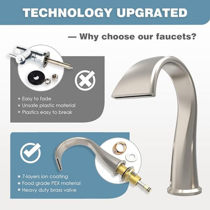 Bathroom Faucets 3 Hole Bathroom Sink Faucet with Pop Up Drain and Water Supply Hoses 8 Inch Waterfall Bathroom Faucet Two Handles for Vanity,Lavatory,Restroom,Commercial,Brushed Nickel - color: Brushed Nickel