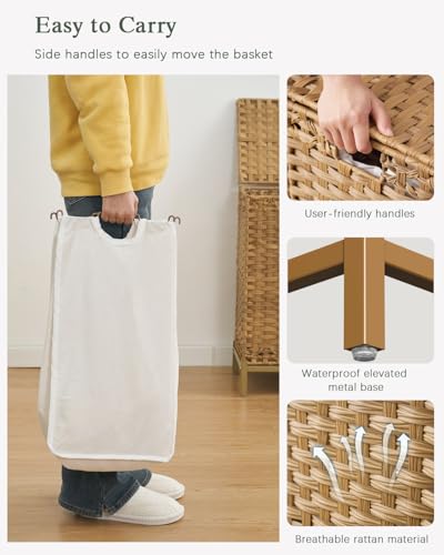 SETVSON Laundry Hamper with Lid, 112 L Handwoven Rattan Wicker Laundry Basket, 2 Removable Liner Bags Metal Heightened Feet, 6 Mesh Bags, 2 Section Large Clothes Hamper for Bathroom Bedroom, Natural - color: Natural, size: 112 L - 29.6 gal