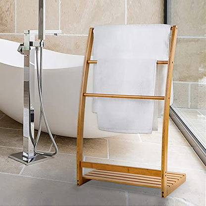3 Tier Bamboo Towel Rack, Free-Standing Beach Towel Holder, Bath Towel Storage Organizer Shelf for Living Room or Bedroom