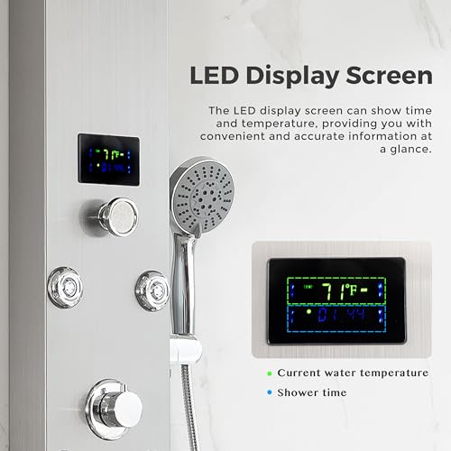 DELAVIN LED Stainless Steel Shower Tower, 5-Function Shower Panel Tower | Temperature Display, Rainfall Waterfall Shower, Massage Jets, Tub Spout, for Renovation, New Builds, Rentals & Contractors - style: 8 Body Jets With LED