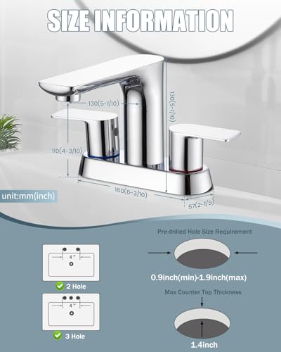 Bathroom Faucet, 4 Inch Faucet 2 Handle Bathroom Sink Faucets, Centerset Faucet for Bathroom Sink with Pop-up Drain Stopper and Supply Hoses, Farmhouse Sink Faucet - color: 2.Chrome Polished, style: 2 PCS