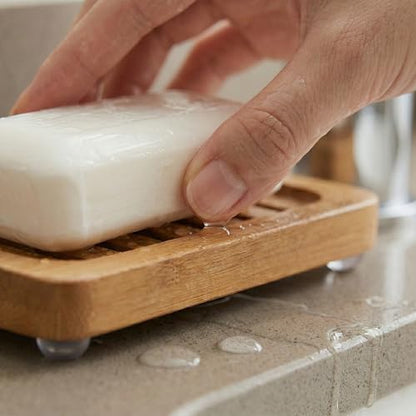 Bamboo Soap Dish with Drainage, 2 Pack Slotted Self Draining Bar Soap Holder, Acacia Finish for Shower, Bathroom Sink & Kitchen Countertop - color: Acacia Brown