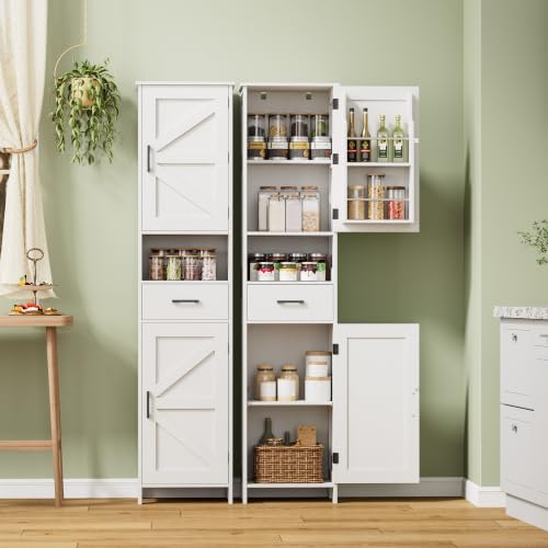 67" Tall Bathroom Storage Cabinet with Adjustable Shelf, Narrow Cabinet | Farmhouse Kitchen Cabinet with 2 Doors, Narrow Floor Cabinet for Kitchen, Bathroom, Dining Room, Laundry Room, White