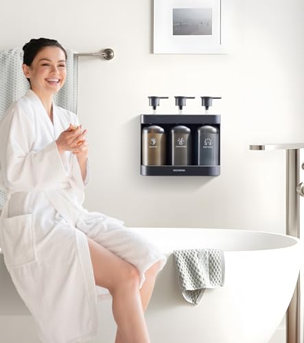 Shampoo Dispense for Shower, Shower Soap Dispenser Wall Mounted, Shower Dispenser 3 Chamber No Drill, Shampoo and Conditioner Dispenser for Bathroom Hotel, Shower Shampoo Dispenser 3 Chamber, Black - color: Black
