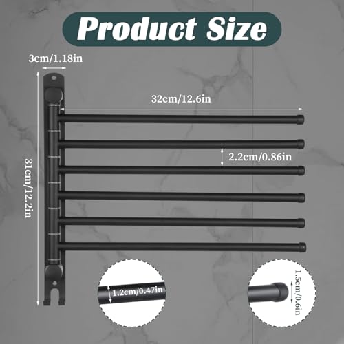 Swivel Towel Rack, Towel Bar with Wall Mounted 180° Rotation, 6 Arms Towels Hanger SUS 304 Stainless Steel, Space Saving for Kitchen, Bathroom, Outdoor (Matte Black)