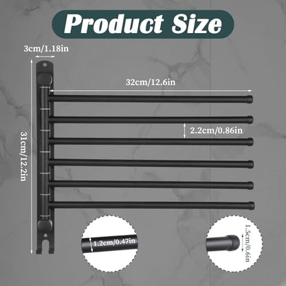 Swivel Towel Rack, Towel Bar with Wall Mounted 180° Rotation, 6 Arms Towels Hanger SUS 304 Stainless Steel, Space Saving for Kitchen, Bathroom, Outdoor (Matte Black)