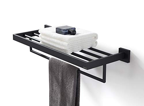 Towel Rack, Towel Shelf for Bathroom, Square Modern Hotel Style Towel Rack with Shelf, 24Inch, Matte Black, Wall Mounted, No Assembly, 071100-MB Les Series
