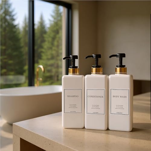 Modern Gold Design Shampoo and Conditioner Dispenser - Large 27oz Shower Soap Dispenser, Set of 3 Refillable Empty Plastic Pump Bottles for Bathroom and Body Wash (6 Waterproof Labels Included), Black - color: Black
