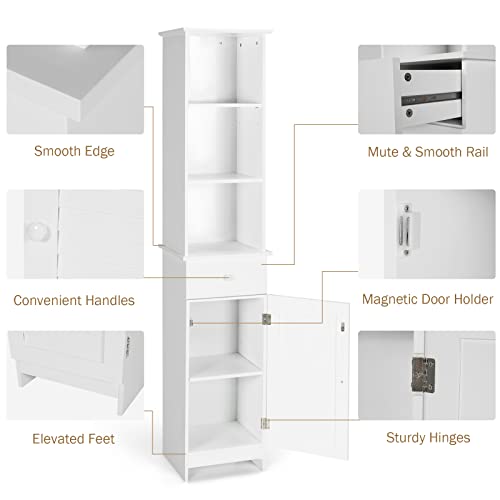 Tangkula Tall Bathroom Cabinet, Slim Storage Cabinet with 3 Tier Shelf, Drawer & Enclosed Narrow Floor Linen Tower Adjustable Shelves for Living Room, 13.5 x 12 64.5 Inches White