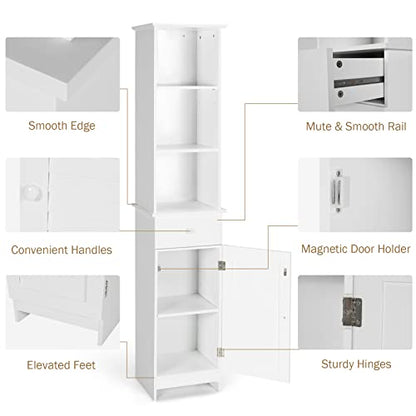 Tangkula Tall Bathroom Cabinet, Slim Storage Cabinet with 3 Tier Shelf, Drawer & Enclosed Narrow Floor Linen Tower Adjustable Shelves for Living Room, 13.5 x 12 64.5 Inches White
