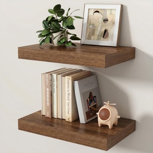 Floating Shelves for Wall, 16 Inch x 8 Inch Deep Wall Mounted Wood Shelf with Invisible Brackets for Storage & Display, Living Room Bedroom Kitchen, Walnut, Set of 2 - color: Walnut, size: 16 Inch, Set of 2